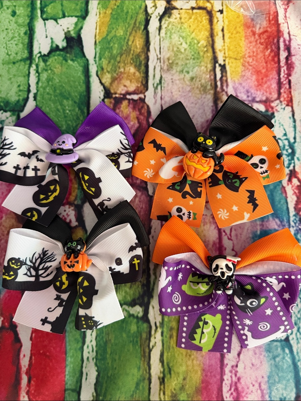 Halloween Kids Ribbon Hair Bows - Orange, Purple, Black, White
